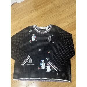 Alfred Dunner Black Embroidered Snowman Tree Sweater Festive Grandma Core Sz 2X